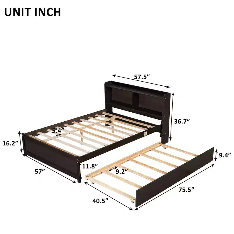 Full Size Storage Headboard Bed with Pull Out Trundle Solid Pine Wood Bed Frame
