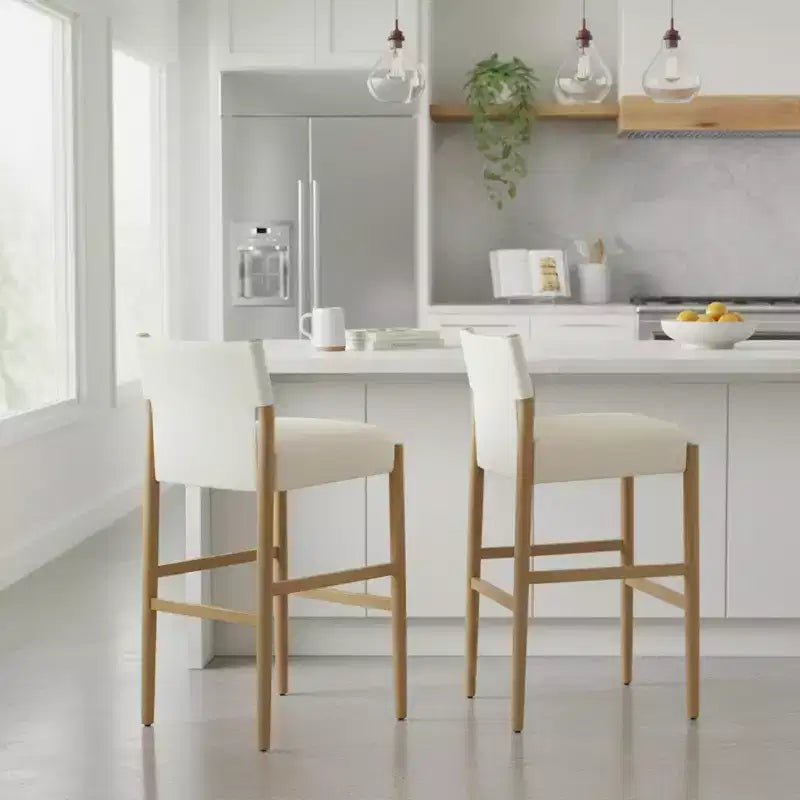 Set of 2 Modern 28.5 Solid Wood Bar Stools with Upholstered Seats, White