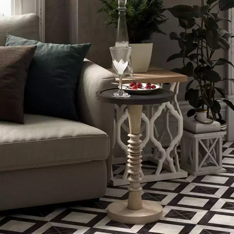 Pedestal Tray Top End Table for Drinks, Lamps or Plants, Black, Set of 2