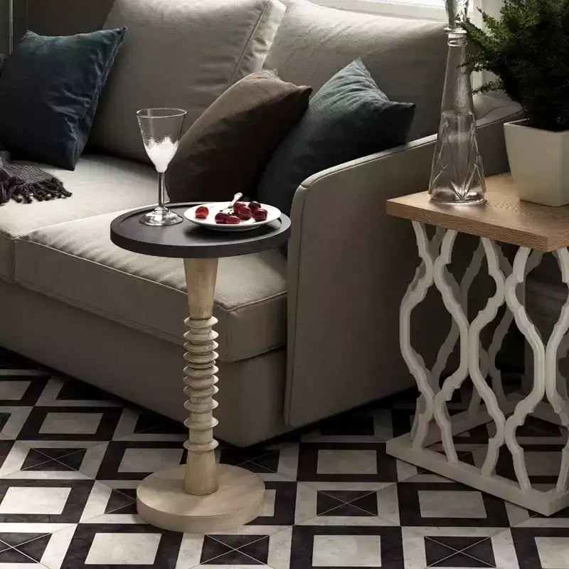Pedestal Tray Top End Table for Drinks, Lamps or Plants, Black, Set of 2