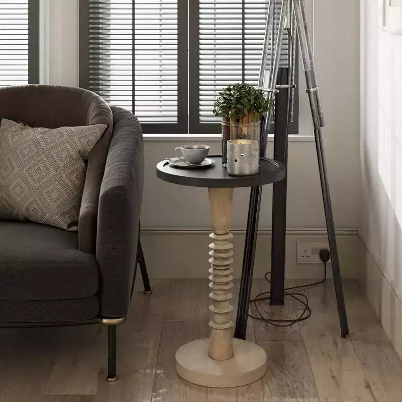 Pedestal Tray Top End Table for Drinks, Lamps or Plants, Black, Set of 2