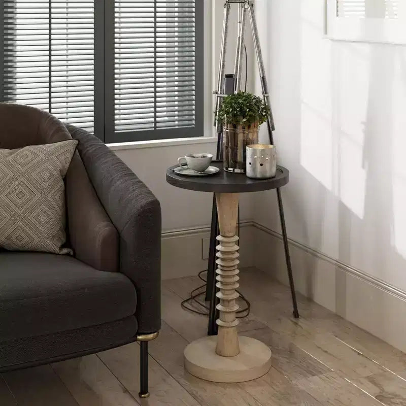 Pedestal Tray Top End Table for Drinks, Lamps or Plants, Black, Set of 2