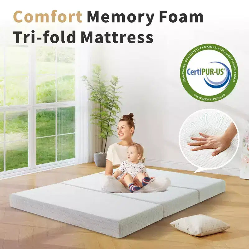 Tri Folding Mattress 6 Inch Memory Foam Trifold Mattress Foldable Washable Cover&Non-Slip Bottom&Storage Bag for Space-Saving Guest Bed,Pet