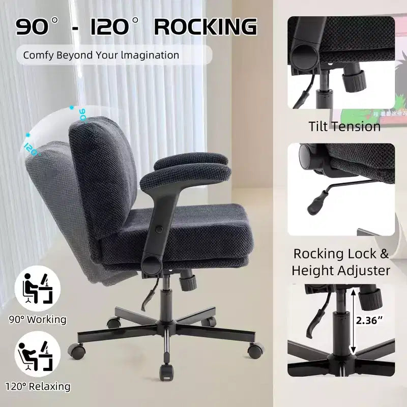 Criss-Cross Chair on Wheels C Flip Arms, Thick Cushion Wide Seat, Swivel Desk for Home/Apartment