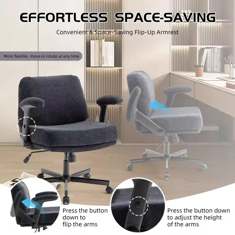 Criss-Cross Chair on Wheels C Flip Arms, Thick Cushion Wide Seat, Swivel Desk for Home/Apartment