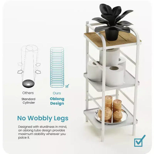 3-Tier Freestanding Storage Organizer with Bamboo Accent and Steel Frame, Vertical Space-Saving Shelf, White