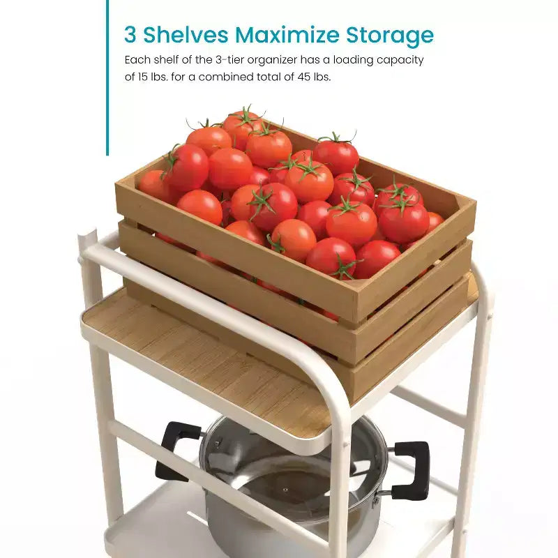 3-Tier Freestanding Storage Organizer with Bamboo Accent and Steel Frame, Vertical Space-Saving Shelf, White