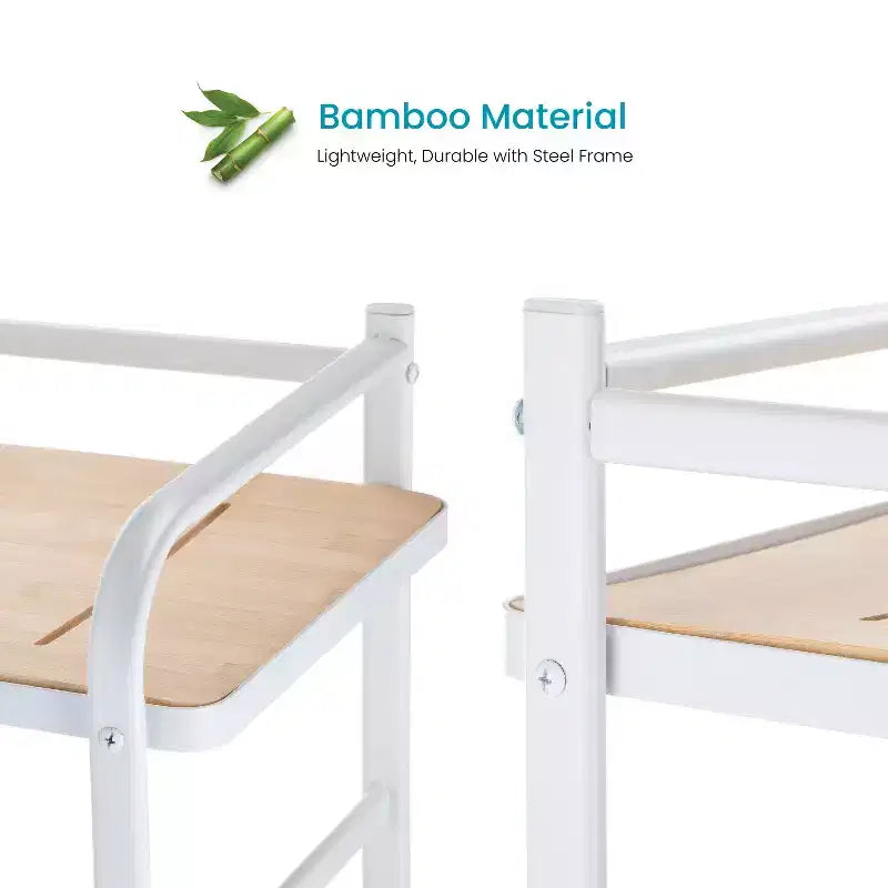 3-Tier Freestanding Storage Organizer with Bamboo Accent and Steel Frame, Vertical Space-Saving Shelf, White