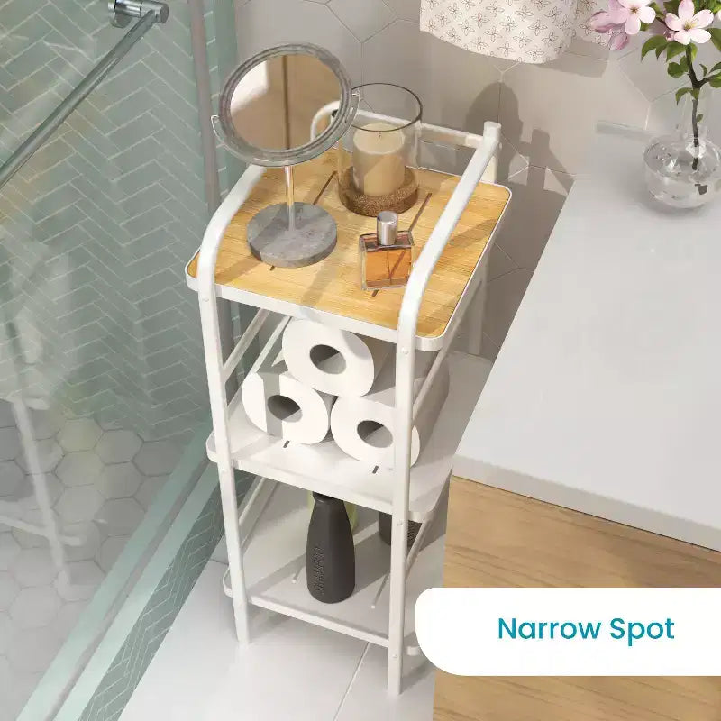 3-Tier Freestanding Storage Organizer with Bamboo Accent and Steel Frame, Vertical Space-Saving Shelf, White