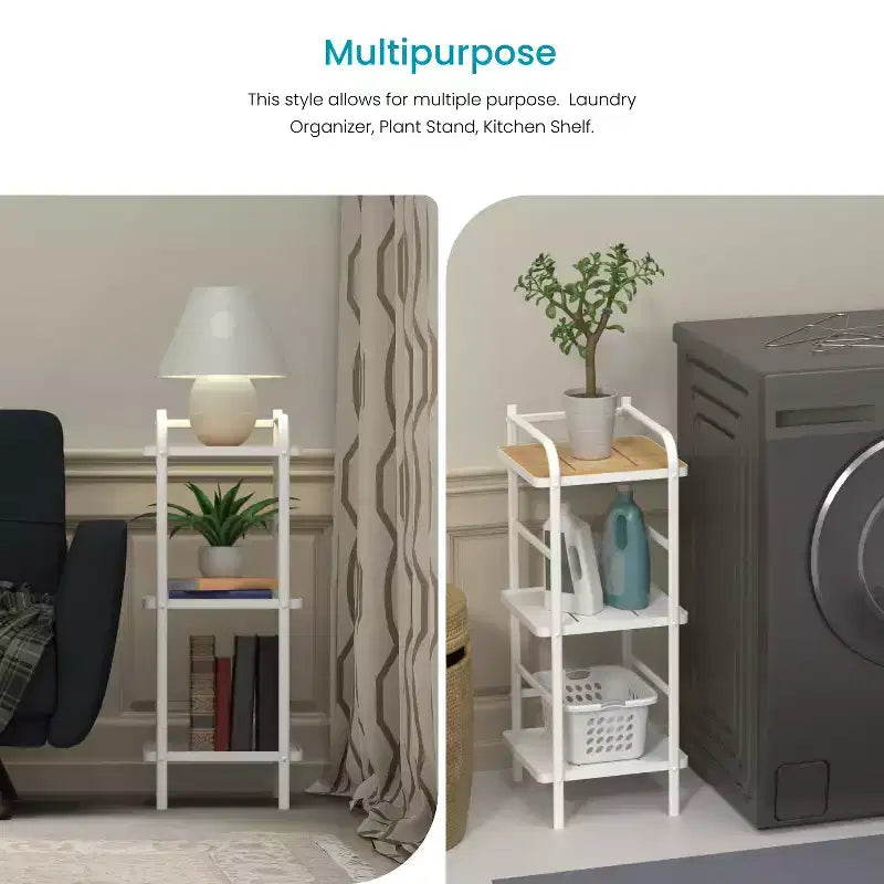 3-Tier Freestanding Storage Organizer with Bamboo Accent and Steel Frame, Vertical Space-Saving Shelf, White