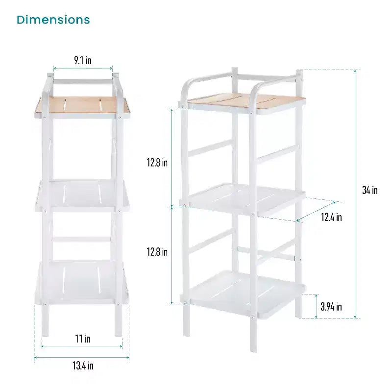 3-Tier Freestanding Storage Organizer with Bamboo Accent and Steel Frame, Vertical Space-Saving Shelf, White