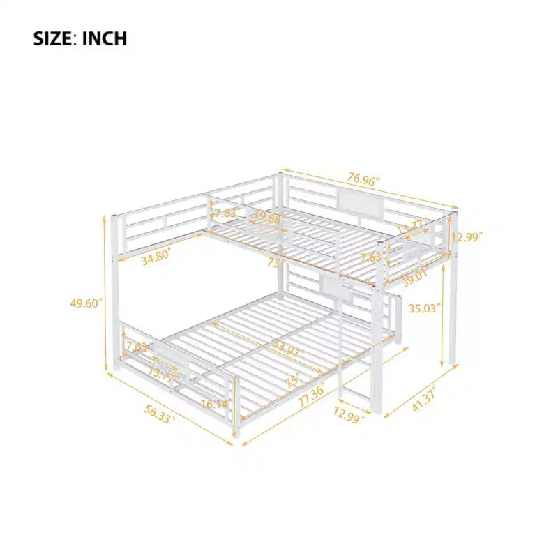 L-shaped Metal Twin over Full Size Bunk Bed, White