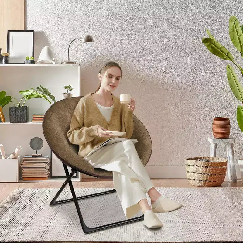Comfy Saucer Chairs, Folding Reading Lounge Chair, Cozy Faux Fur Living Room Chair with Soft Thick Padded Seat & Metal Frame,Modern Style Bedroom Home