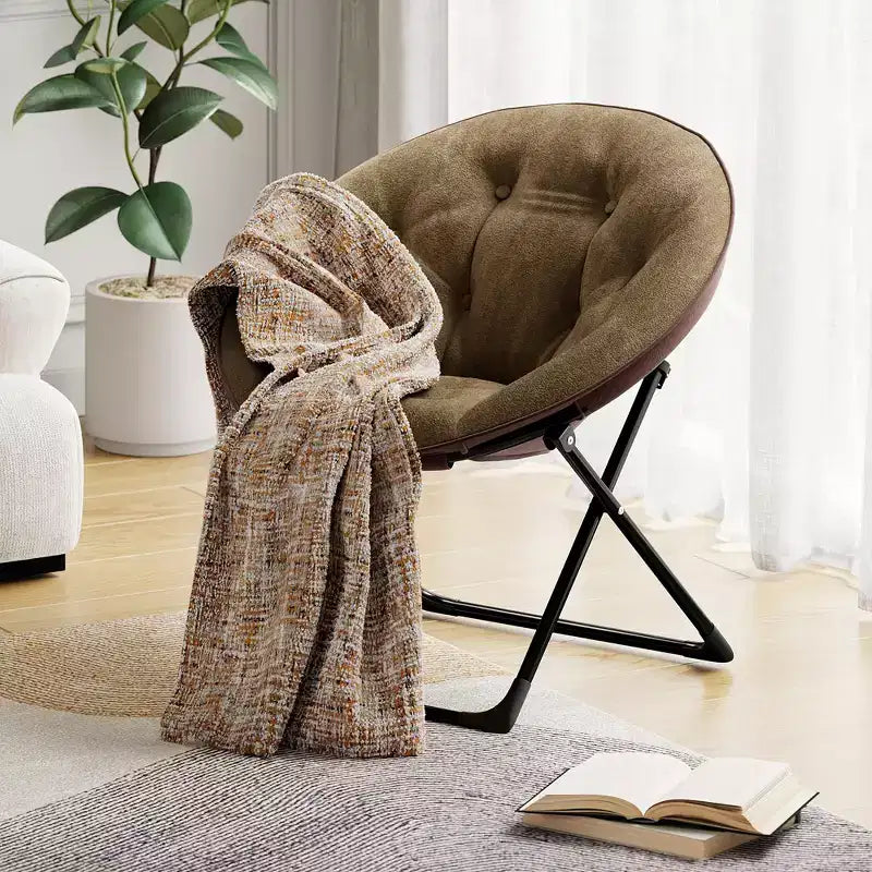 Comfy Saucer Chairs, Folding Reading Lounge Chair, Cozy Faux Fur Living Room Chair with Soft Thick Padded Seat & Metal Frame,Modern Style Bedroom Home
