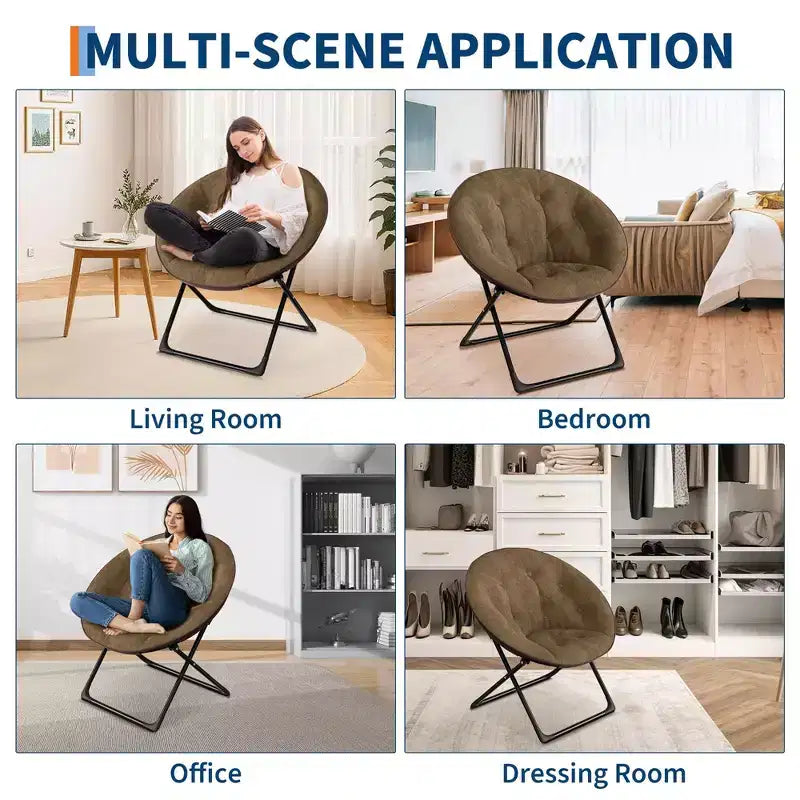 Comfy Saucer Chairs, Folding Reading Lounge Chair, Cozy Faux Fur Living Room Chair with Soft Thick Padded Seat & Metal Frame,Modern Style Bedroom Home