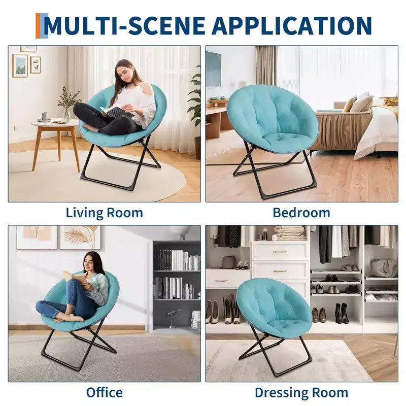 Comfy Saucer Chairs, Folding Reading Lounge Chair, Cozy Faux Fur Living Room Chair with Soft Thick Padded Seat & Metal Frame,Modern Style Bedroom Home