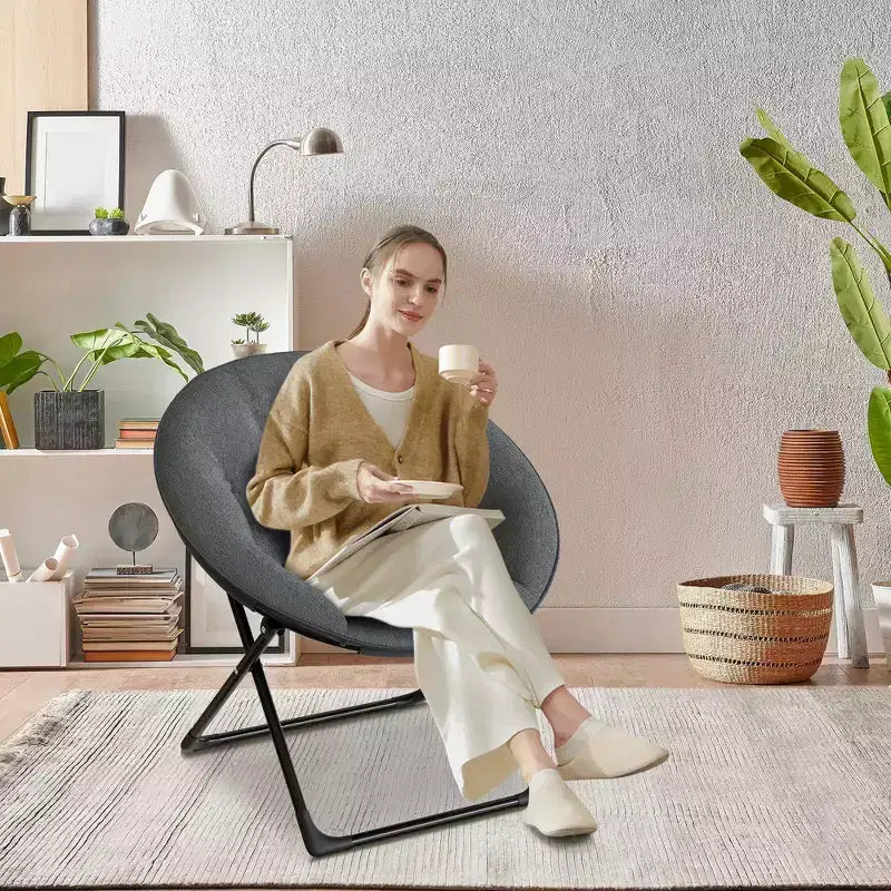 Comfy Saucer Chairs, Folding Reading Lounge Chair, Cozy Faux Fur Living Room Chair with Soft Thick Padded Seat & Metal Frame,Modern Style Bedroom Home