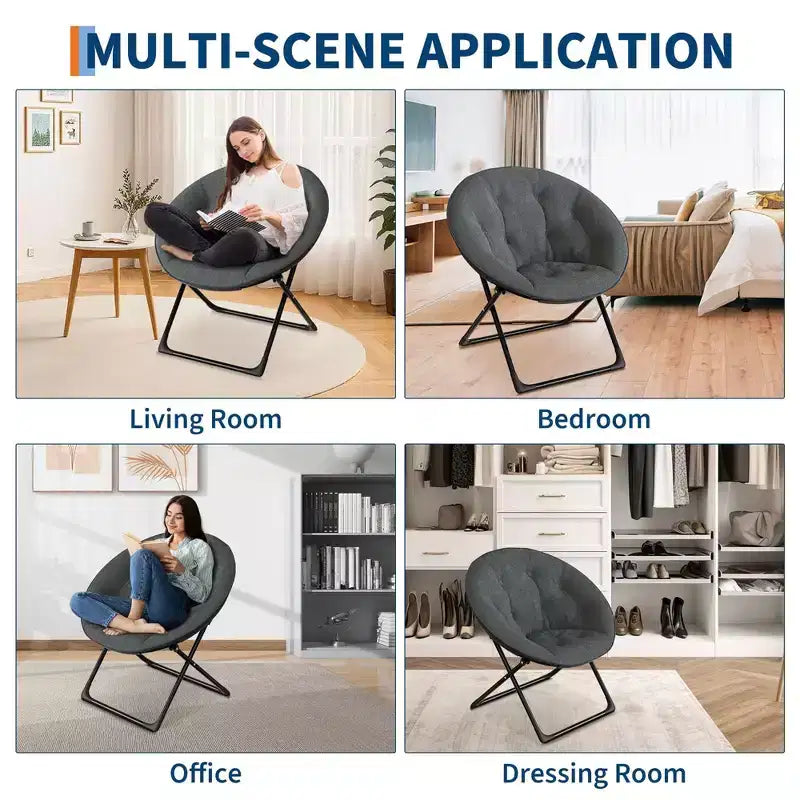 Comfy Saucer Chairs, Folding Reading Lounge Chair, Cozy Faux Fur Living Room Chair with Soft Thick Padded Seat & Metal Frame,Modern Style Bedroom Home