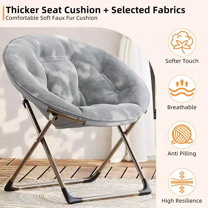 Comfy Saucer Chairs, Folding Reading Lounge Chair, Cozy Faux Fur Living Room Chair with Soft Thick Padded Seat & Metal Frame,Modern Style Bedroom Home