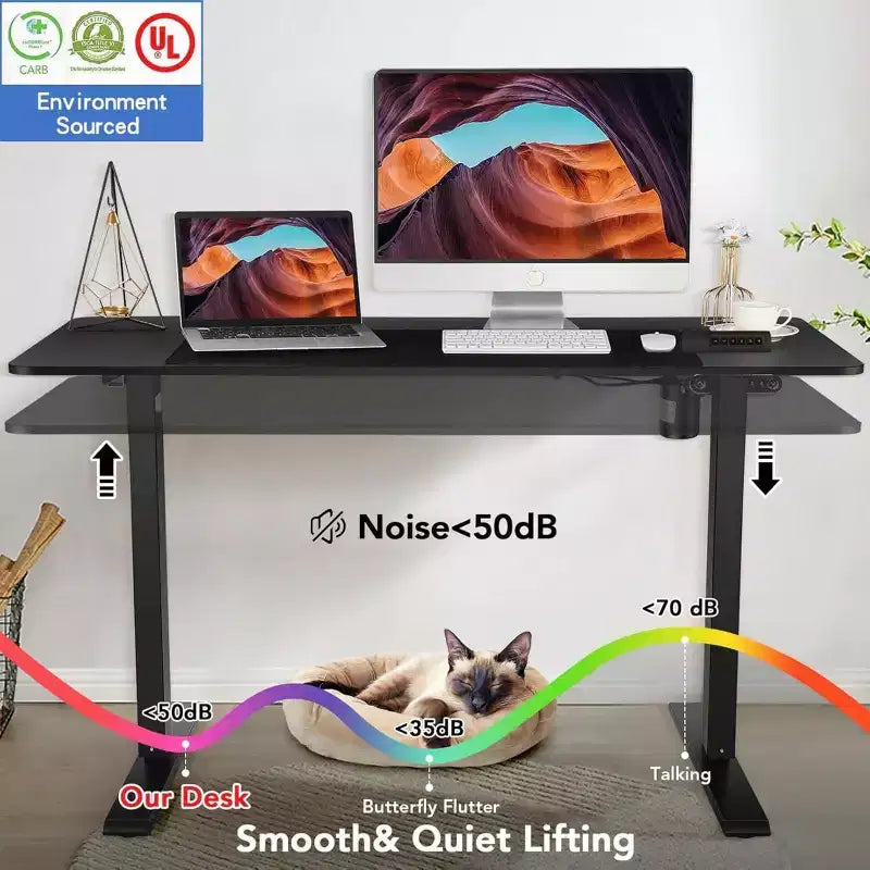 Electric Standing Computer Desk Adjustable Height 63in with Outlet Rolling Wheels Dual-Beam Frame Mouse Pad Spliced Desktop