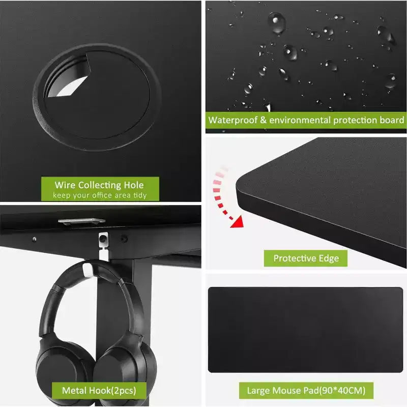 Electric Standing Computer Desk Adjustable Height 63in with Outlet Rolling Wheels Dual-Beam Frame Mouse Pad Spliced Desktop