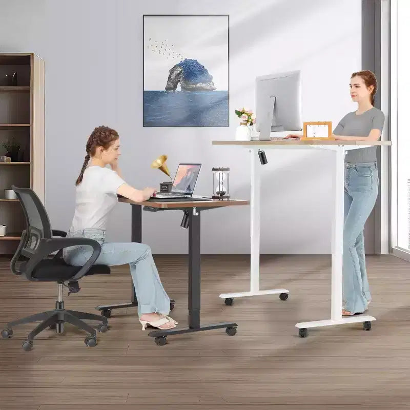 Electric Standing Computer Desk Adjustable Height 63in with Outlet Rolling Wheels Dual-Beam Frame Mouse Pad Spliced Desktop