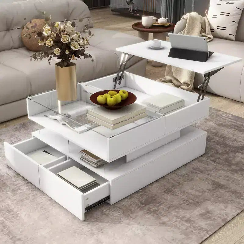 Modern Lift Top Coffee Table with Drawers, Square Center Table with Glass Top, Coffee Table with Hidden Space and LED Lights for Living Room