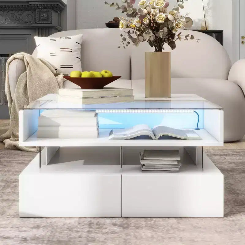 Modern Lift Top Coffee Table with Drawers, Square Center Table with Glass Top, Coffee Table with Hidden Space and LED Lights for Living Room
