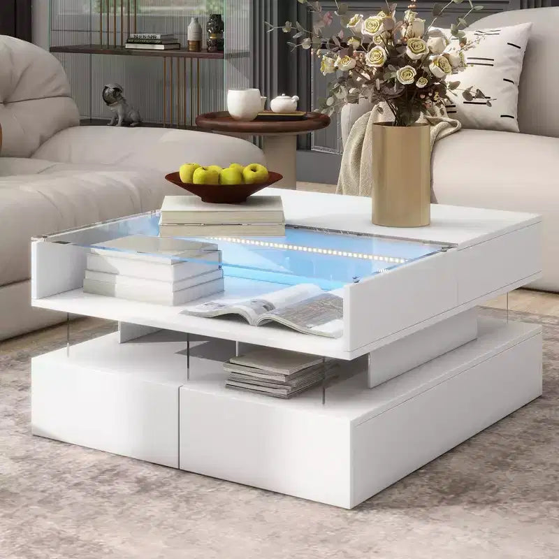 Modern Lift Top Coffee Table with Drawers, Square Center Table with Glass Top, Coffee Table with Hidden Space and LED Lights for Living Room