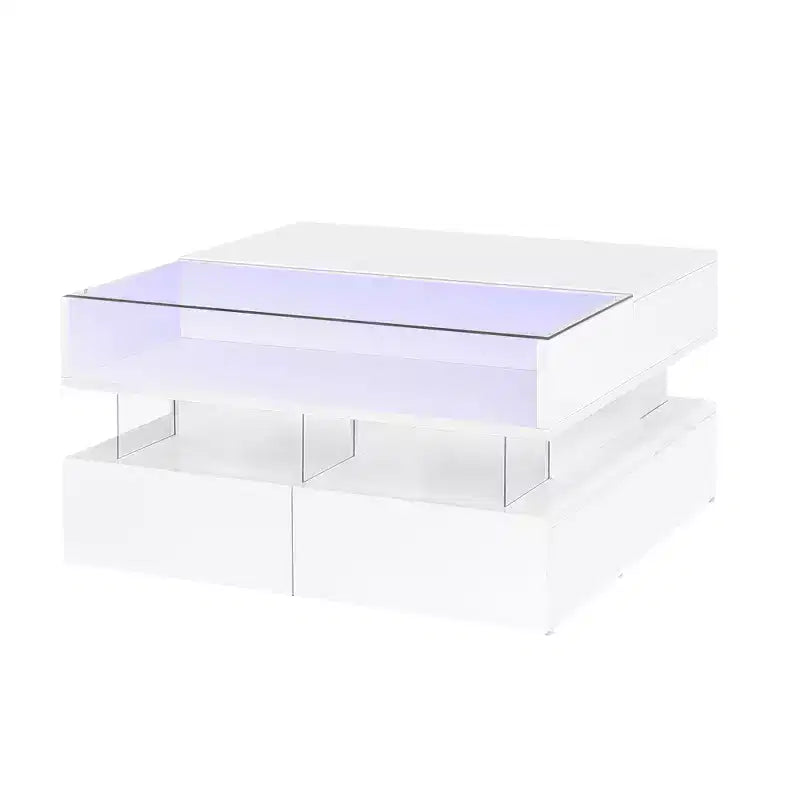 Modern Lift Top Coffee Table with Drawers, Square Center Table with Glass Top, Coffee Table with Hidden Space and LED Lights for Living Room
