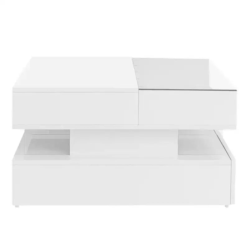 Modern Lift Top Coffee Table with Drawers, Square Center Table with Glass Top, Coffee Table with Hidden Space and LED Lights for Living Room