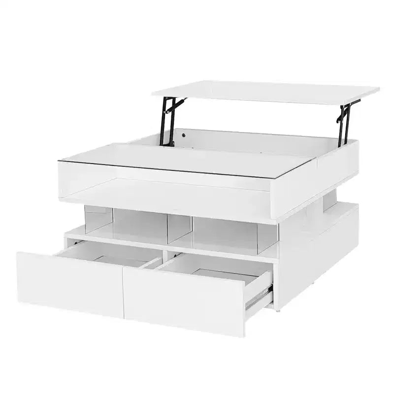 Modern Lift Top Coffee Table with Drawers, Square Center Table with Glass Top, Coffee Table with Hidden Space and LED Lights for Living Room