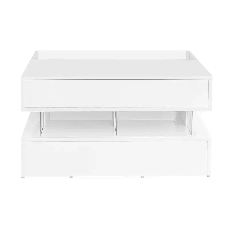 Modern Lift Top Coffee Table with Drawers, Square Center Table with Glass Top, Coffee Table with Hidden Space and LED Lights for Living Room