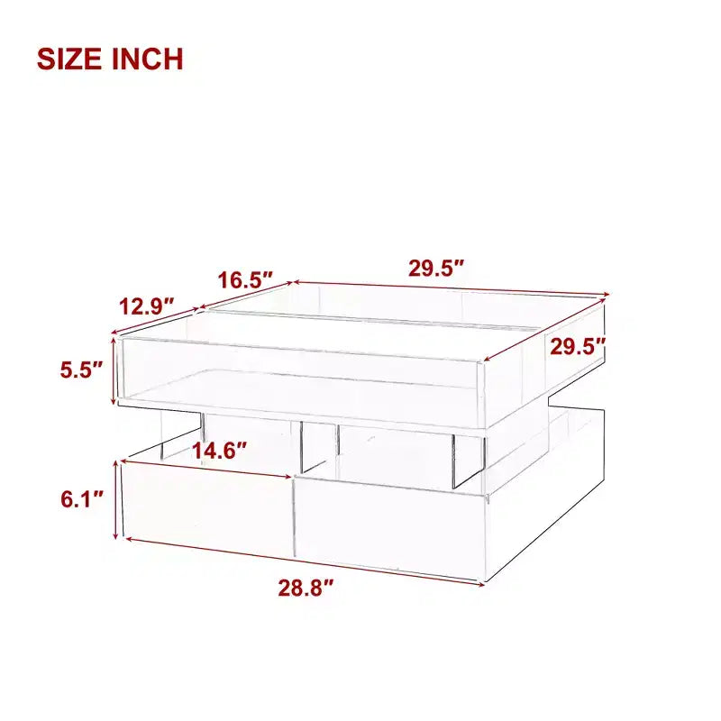 Modern Lift Top Coffee Table with Drawers, Square Center Table with Glass Top, Coffee Table with Hidden Space and LED Lights for Living Room
