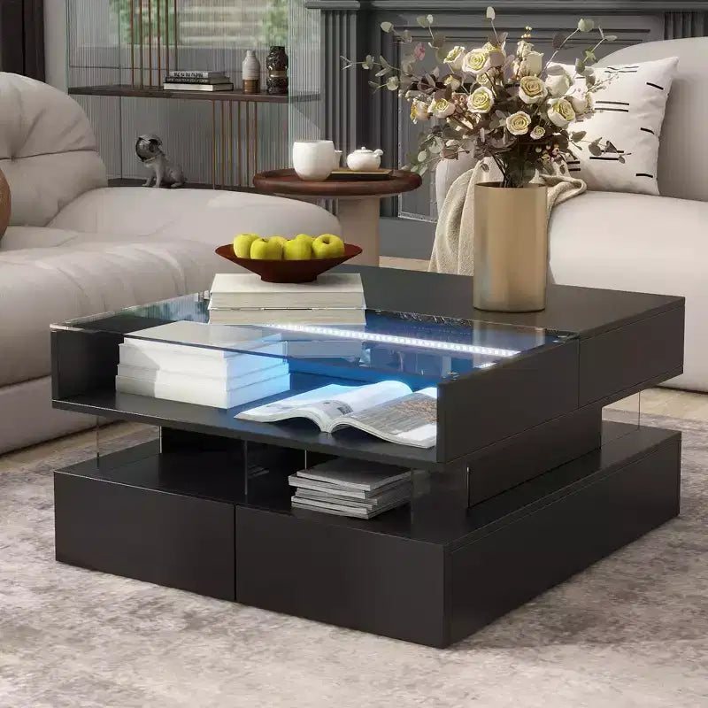 Modern Lift Top Coffee Table with Drawers, Square Center Table with Glass Top, Coffee Table with Hidden Space and LED Lights for Living Room