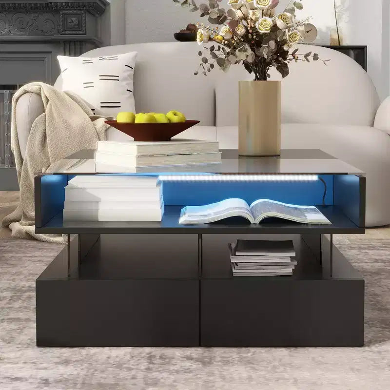 Modern Lift Top Coffee Table with Drawers, Square Center Table with Glass Top, Coffee Table with Hidden Space and LED Lights for Living Room