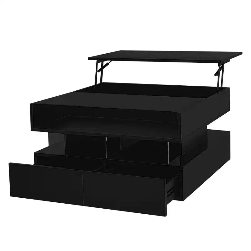 Modern Lift Top Coffee Table with Drawers, Square Center Table with Glass Top, Coffee Table with Hidden Space and LED Lights for Living Room