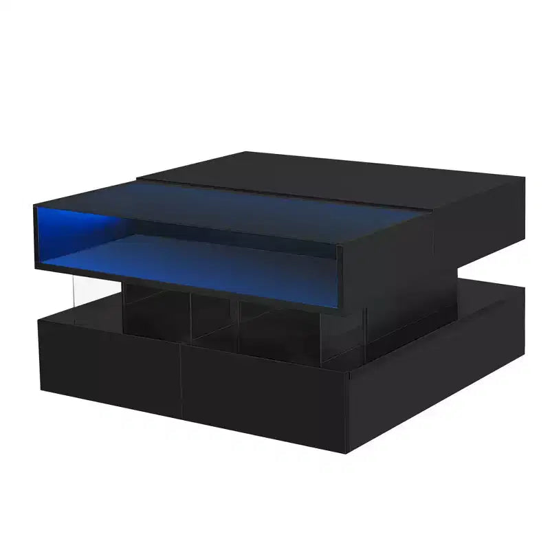 Modern Lift Top Coffee Table with Drawers, Square Center Table with Glass Top, Coffee Table with Hidden Space and LED Lights for Living Room
