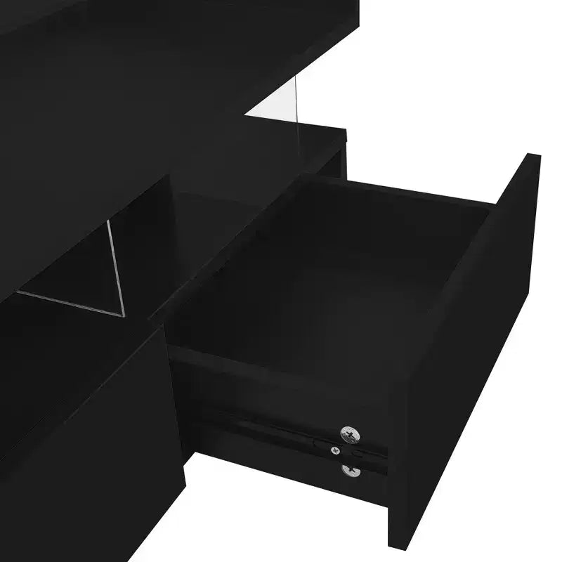 Modern Lift Top Coffee Table with Drawers, Square Center Table with Glass Top, Coffee Table with Hidden Space and LED Lights for Living Room