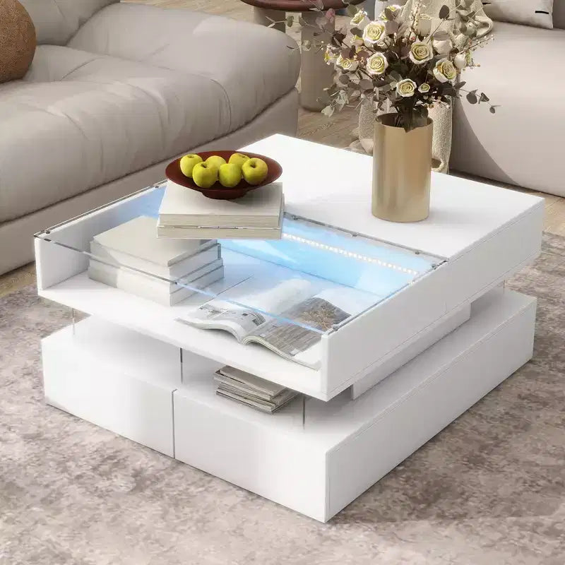 Modern Lift Top Coffee Table with Drawers, Square Center Table with Glass Top, Coffee Table with Hidden Space and LED Lights for Living Room