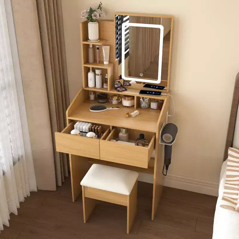 Modern Vanity Table with LED-Illuminated Mirror, Storage Space and Stool