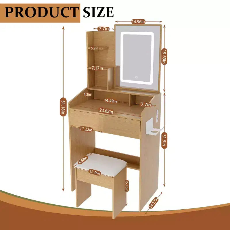 Modern Vanity Table with LED-Illuminated Mirror, Storage Space and Stool