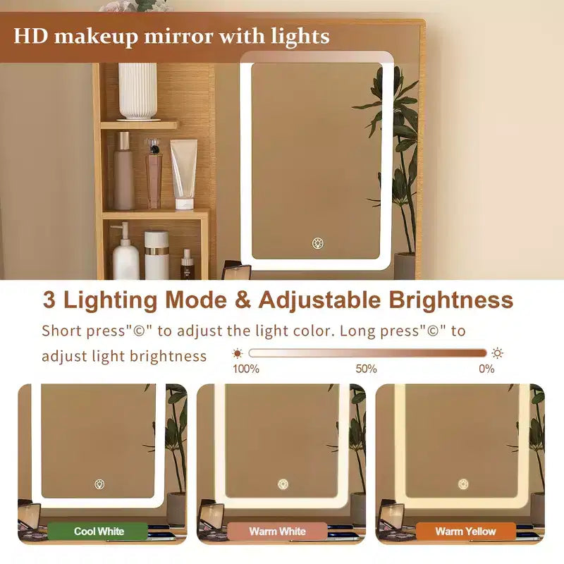 Modern Vanity Table with LED-Illuminated Mirror, Storage Space and Stool