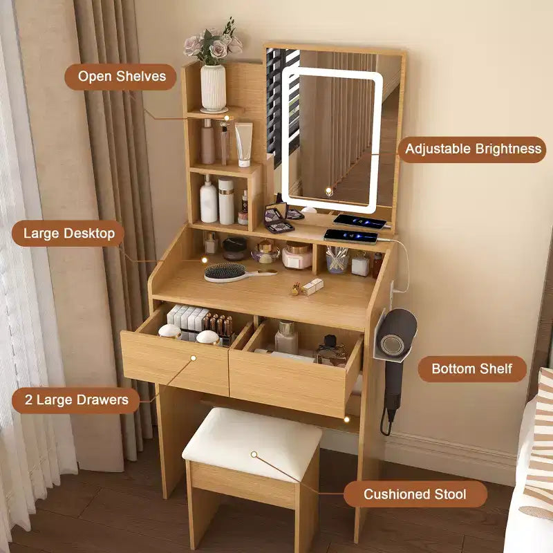 Modern Vanity Table with LED-Illuminated Mirror, Storage Space and Stool