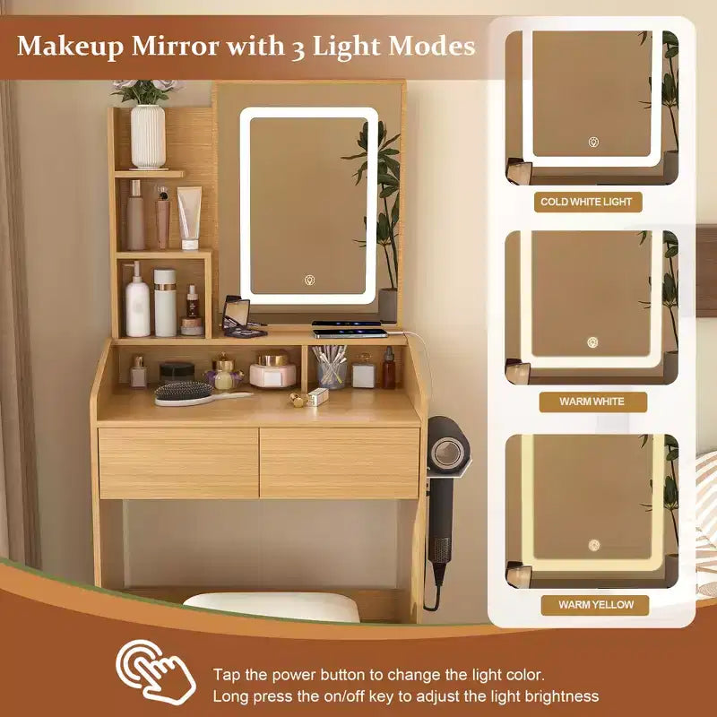 Modern Vanity Table with LED-Illuminated Mirror, Storage Space and Stool