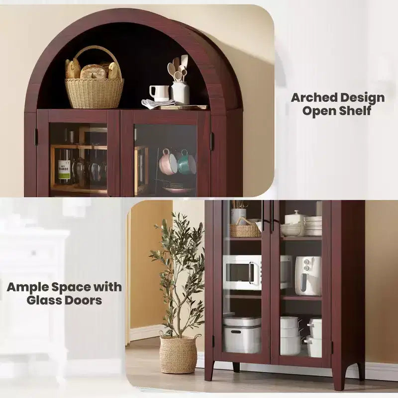 63.2 Arched Kitchen Pantry Storage Cabinet - Farmhouse 5 Tier Display Shelf with 2 Large Glass Doors, for Kitchen, Dining Room, Living Room