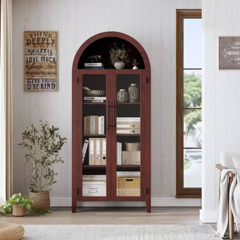 63.2 Arched Kitchen Pantry Storage Cabinet - Farmhouse 5 Tier Display Shelf with 2 Large Glass Doors, for Kitchen, Dining Room, Living Room