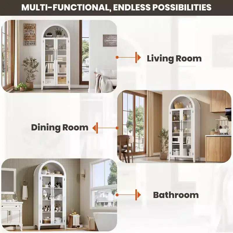 63.2 Arched Kitchen Pantry Storage Cabinet - Farmhouse 5 Tier Display Shelf with 2 Large Glass Doors, for Kitchen, Dining Room, Living Room