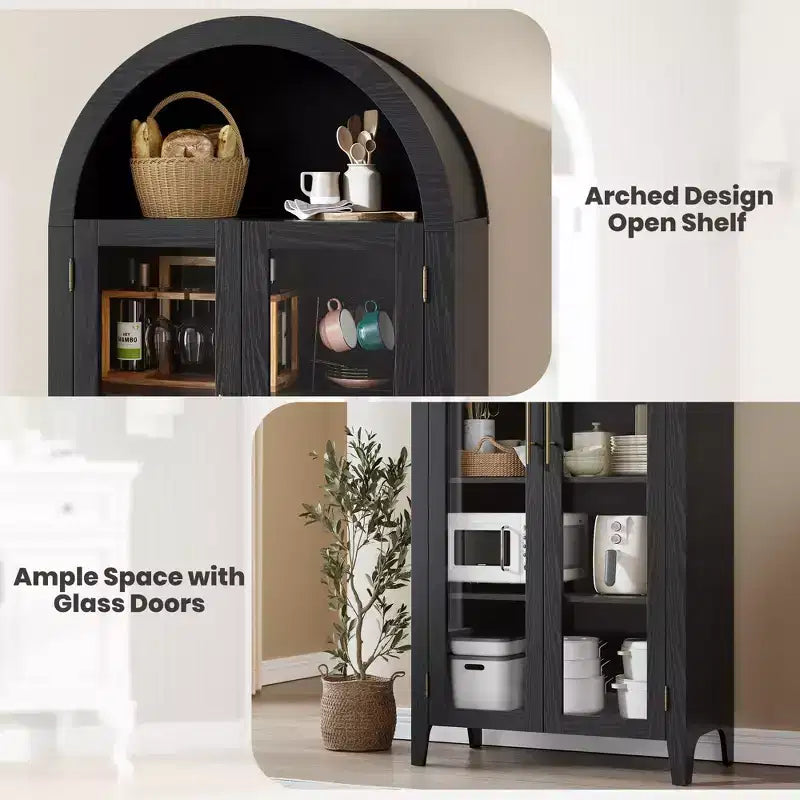 63.2 Arched Kitchen Pantry Storage Cabinet - Farmhouse 5 Tier Display Shelf with 2 Large Glass Doors, for Kitchen, Dining Room, Living Room