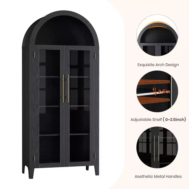 63.2 Arched Kitchen Pantry Storage Cabinet - Farmhouse 5 Tier Display Shelf with 2 Large Glass Doors, for Kitchen, Dining Room, Living Room